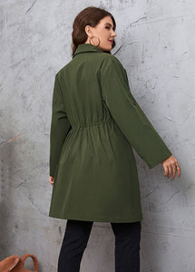 Unique Green Notched Cinched Patchwork Solid Maxi Trench Coats Long Sleeve