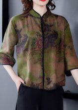 Load image into Gallery viewer, Unique Green Stand Collar Print Silk Shirt Tops Spring