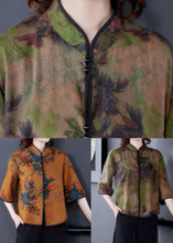 Load image into Gallery viewer, Unique Green Stand Collar Print Silk Shirt Tops Spring
