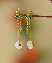 Load image into Gallery viewer, Unique Green Sterling Silver Ovgegild Jade Agate Enamel Xiang Yun Drop Earrings