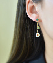 Load image into Gallery viewer, Unique Green Sterling Silver Ovgegild Jade Agate Enamel Xiang Yun Drop Earrings