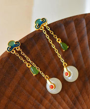 Load image into Gallery viewer, Unique Green Sterling Silver Ovgegild Jade Agate Enamel Xiang Yun Drop Earrings