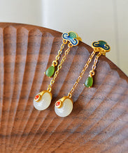 Load image into Gallery viewer, Unique Green Sterling Silver Ovgegild Jade Agate Enamel Xiang Yun Drop Earrings