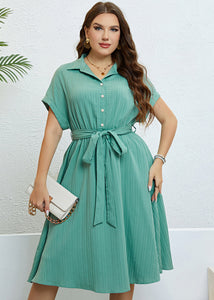 Unique Light Green Peter Pan Collar Tie waist Maxi Dress Short Sleeve