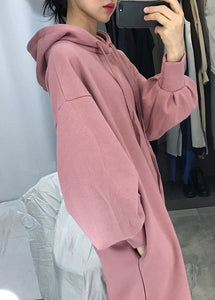 Unique Pink Hooded side open Warm Fleece Sweatshirts dress Winter