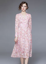 Load image into Gallery viewer, Unique Pink V Neck Backless Print Chiffon Cinch Dress Long Sleeve