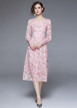 Load image into Gallery viewer, Unique Pink V Neck Backless Print Chiffon Cinch Dress Long Sleeve