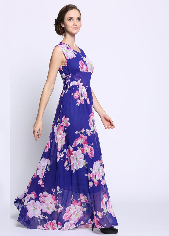 Unique Purple Print Patchwork Patchwork Chiffon Maxi Dress Summer