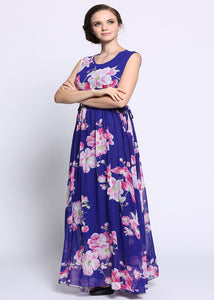 Unique Purple Print Patchwork Patchwork Chiffon Maxi Dress Summer