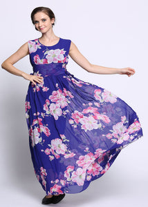 Unique Purple Print Patchwork Patchwork Chiffon Maxi Dress Summer