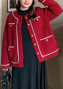 Unique Red Button Pockets Patchwork Teddy Faux Fur Coat Fall