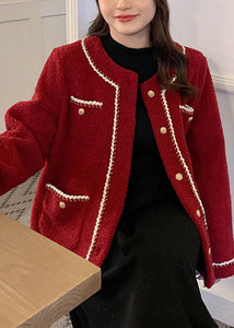 Unique Red Button Pockets Patchwork Teddy Faux Fur Coat Fall