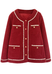 Unique Red Button Pockets Patchwork Teddy Faux Fur Coat Fall