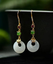 Load image into Gallery viewer, Unique White Sterling Silver Overgild Inlaid Jade Drop Earrings