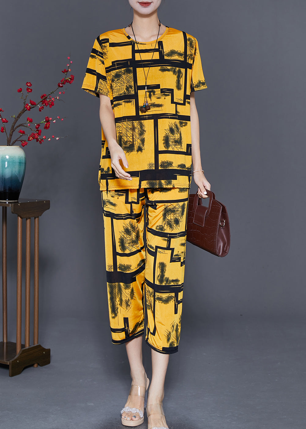 Unique Yellow Oversized Print Ice Silk Two Pieces Set Summer