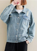 Load image into Gallery viewer, Unique denim blue cotton box top lapel collar ripped Dresses fall coat