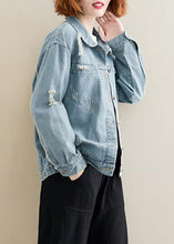 Load image into Gallery viewer, Unique denim blue cotton box top lapel collar ripped Dresses fall coat