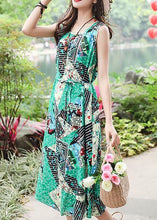 Load image into Gallery viewer, Unique sleeveless tie waist cotton quilting clothes Fashion Ideas green print long Dresses summer