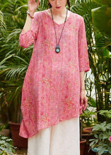 Load image into Gallery viewer, Unique v neck asymmetric linen Long Shirts Work pink print Dresses summer