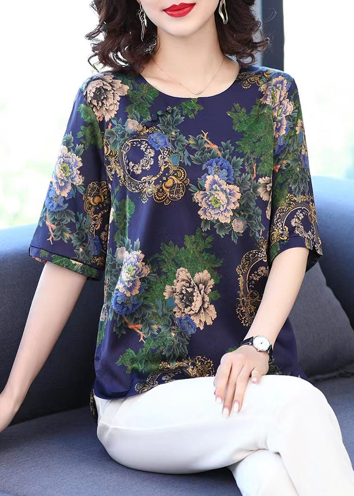 Unique Blue Stand Collar Button Print Silk Shirt Half Sleeve