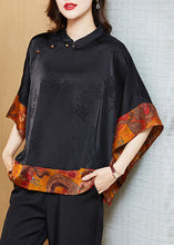 Load image into Gallery viewer, Vintage Black Mandarin Collar Asymmetrical Patchwork Jacquard Silk Shirts Batwing Sleeve