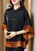Load image into Gallery viewer, Vintage Black Mandarin Collar Asymmetrical Patchwork Jacquard Silk Shirts Batwing Sleeve
