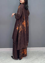 Load image into Gallery viewer, Vintage Brown Stand Collar Print Button Shirts And Wide Leg Pants Two Pieces Set Spring