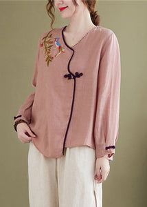 Vintage Pink Embroideried Asymmetrical Design Patchwork Top Long Sleeve