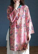 Load image into Gallery viewer, Vintage Pink button Stand Collar side open print Linen Tops Long Sleeve