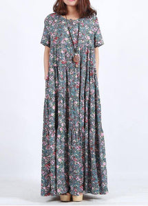 Vivid Blue Print Clothes O Neck Patchwork Maxi Summer Dress