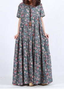 Vivid Blue Print Clothes O Neck Patchwork Maxi Summer Dress