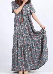 Vivid Blue Print Clothes O Neck Patchwork Maxi Summer Dress