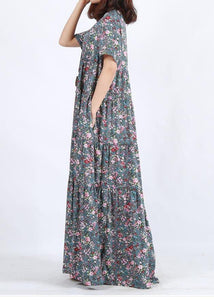 Vivid Blue Print Clothes O Neck Patchwork Maxi Summer Dress