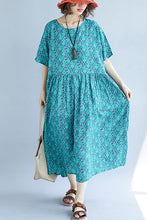 Load image into Gallery viewer, Vivid blue print cotton linen clothes fine design o neck Cinched Kaftan Summer Dress