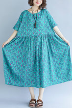 Load image into Gallery viewer, Vivid blue print cotton linen clothes fine design o neck Cinched Kaftan Summer Dress