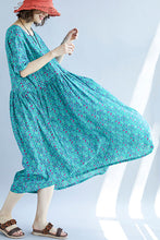 Load image into Gallery viewer, Vivid blue print cotton linen clothes fine design o neck Cinched Kaftan Summer Dress