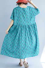 Load image into Gallery viewer, Vivid blue print cotton linen clothes fine design o neck Cinched Kaftan Summer Dress