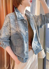 Load image into Gallery viewer, Vogue Blue Peter Pan Collar Tulle Patchwork Sequins Button Denim Coats Fall