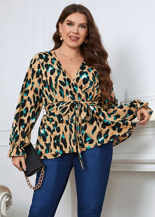 Vogue Ginger Print Tie Waist Chiffon Shirts Long Sleeve