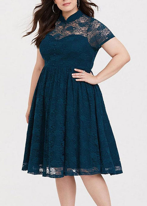 Vogue Navy Blue Stand Collar Wrinkled Patchwork Lace Holiday Mid Dress Short Sleeve