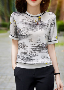 Vogue O-Neck Print Silk T Shirt Short Sleeve