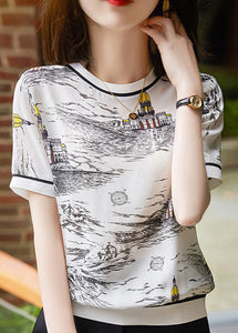 Vogue O-Neck Print Silk T Shirt Short Sleeve