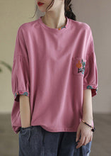 Load image into Gallery viewer, Vogue Pink O-Neck Embroideried T Shirt Half Sleeve