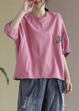 Load image into Gallery viewer, Vogue Pink O-Neck Embroideried T Shirt Half Sleeve