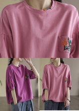 Load image into Gallery viewer, Vogue Pink O-Neck Embroideried T Shirt Half Sleeve