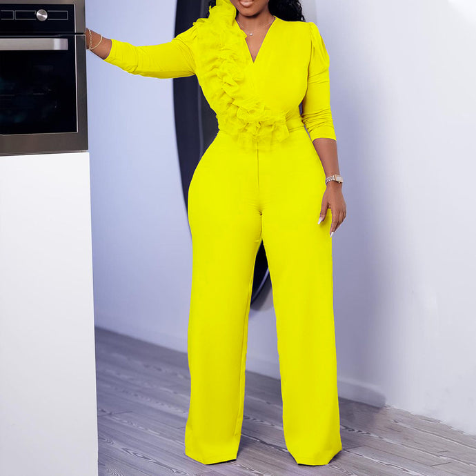 Vogue Yellow V Neck Zippered Patchwork Floral Spandex Wide Leg Jumpsuits Fall