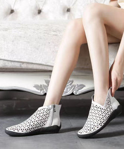 White Ankle Boots Wedge Cowhide Leather Women Splicing Hollow Out