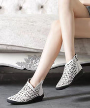 Load image into Gallery viewer, White Ankle Boots Wedge Cowhide Leather Women Splicing Hollow Out