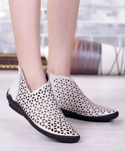 Load image into Gallery viewer, White Ankle Boots Wedge Cowhide Leather Women Splicing Hollow Out