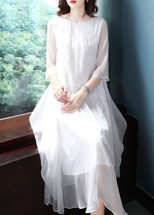 White Chiffon Long Dress Embroideried Asymmetrical Design Summer